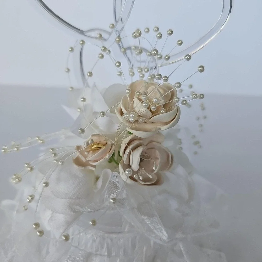 Vintage Wedding Cake Topper Double Heart Acrylic Lace‎ Faux Pearl Bridal Decor